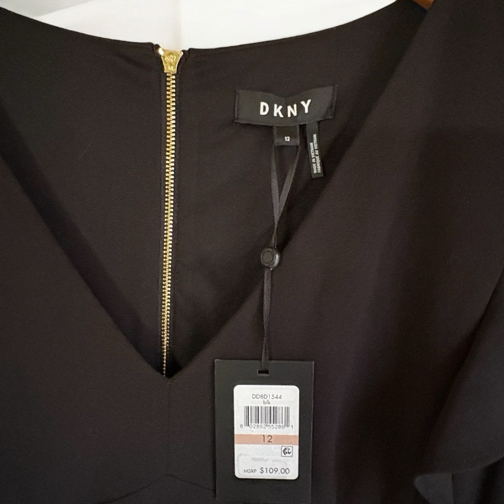 DKNY-NWT Size 12 Black A-Line, Flutter
Sleeve Sheath Dress Back Gold Zipper NEW! - Picture 6 of 13